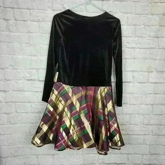BONNIE JEAN Girls Black Gold Bow Plaid Velvet Holiday Party Dress Sz … - Picture 5 of 9